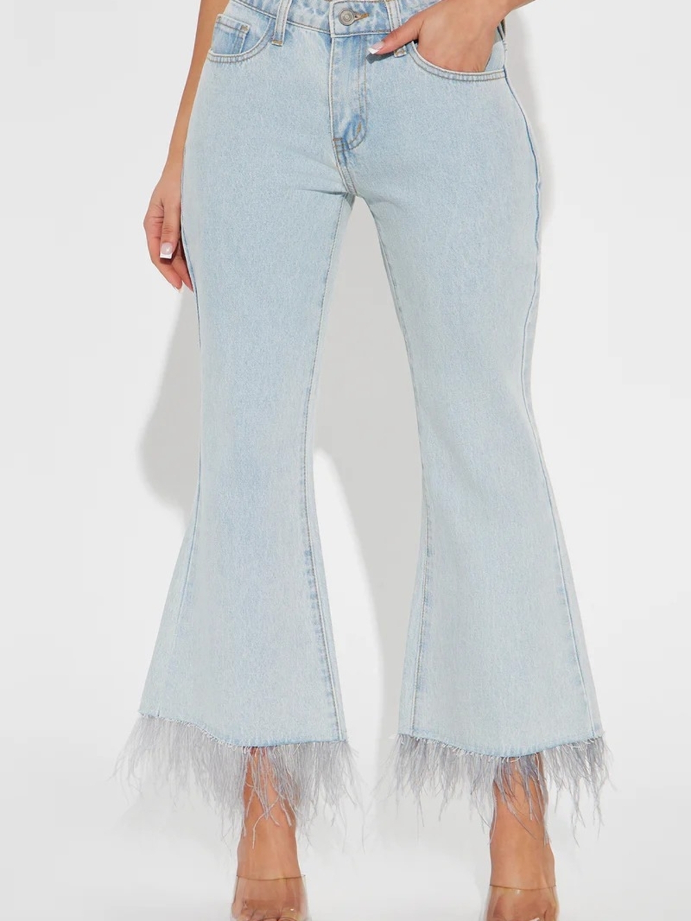 Fashion Nova Light Blue Feather-Hem Flare Jeans
